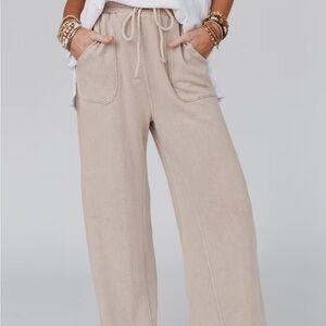 Three Bird Nest Relaxing Robin Wide Leg Terry Knit Cotton Pants New Taupe sz L